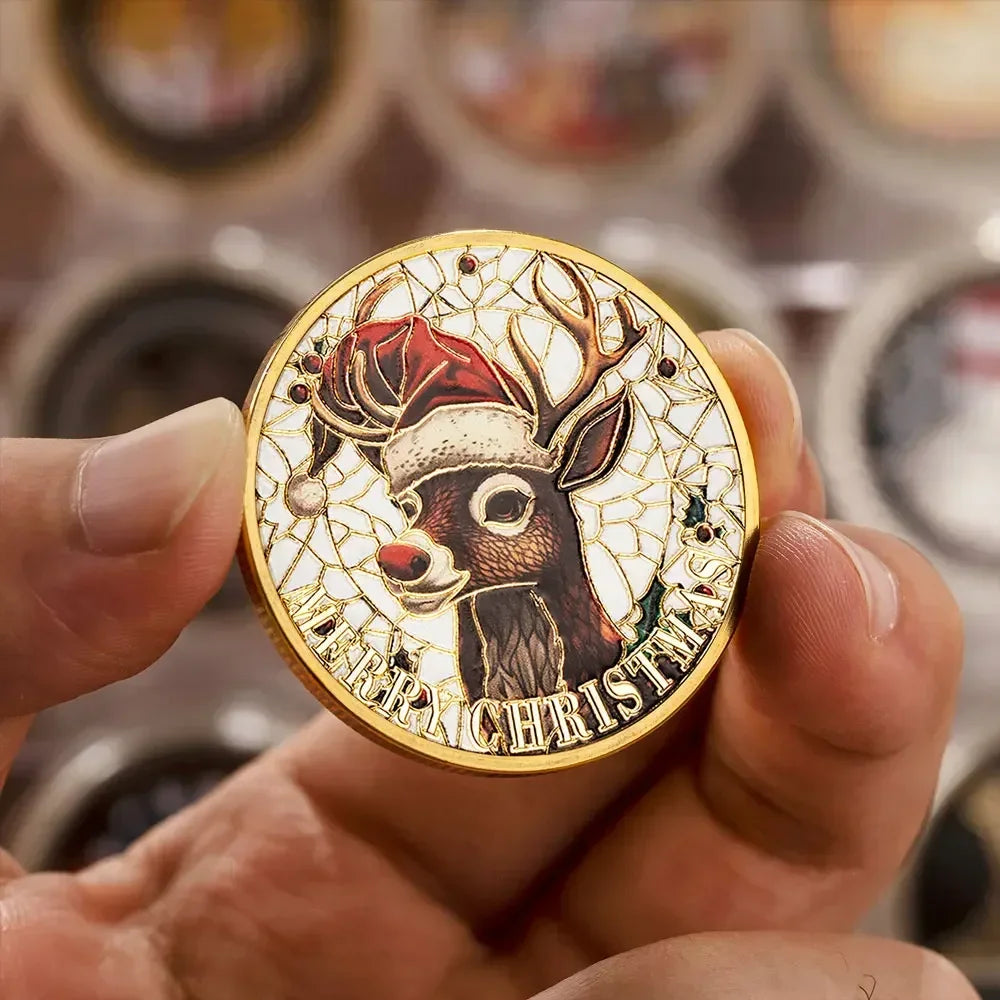 Christmas Red Hat Reindeer Collectible Coin – Festive Holiday Souvenir