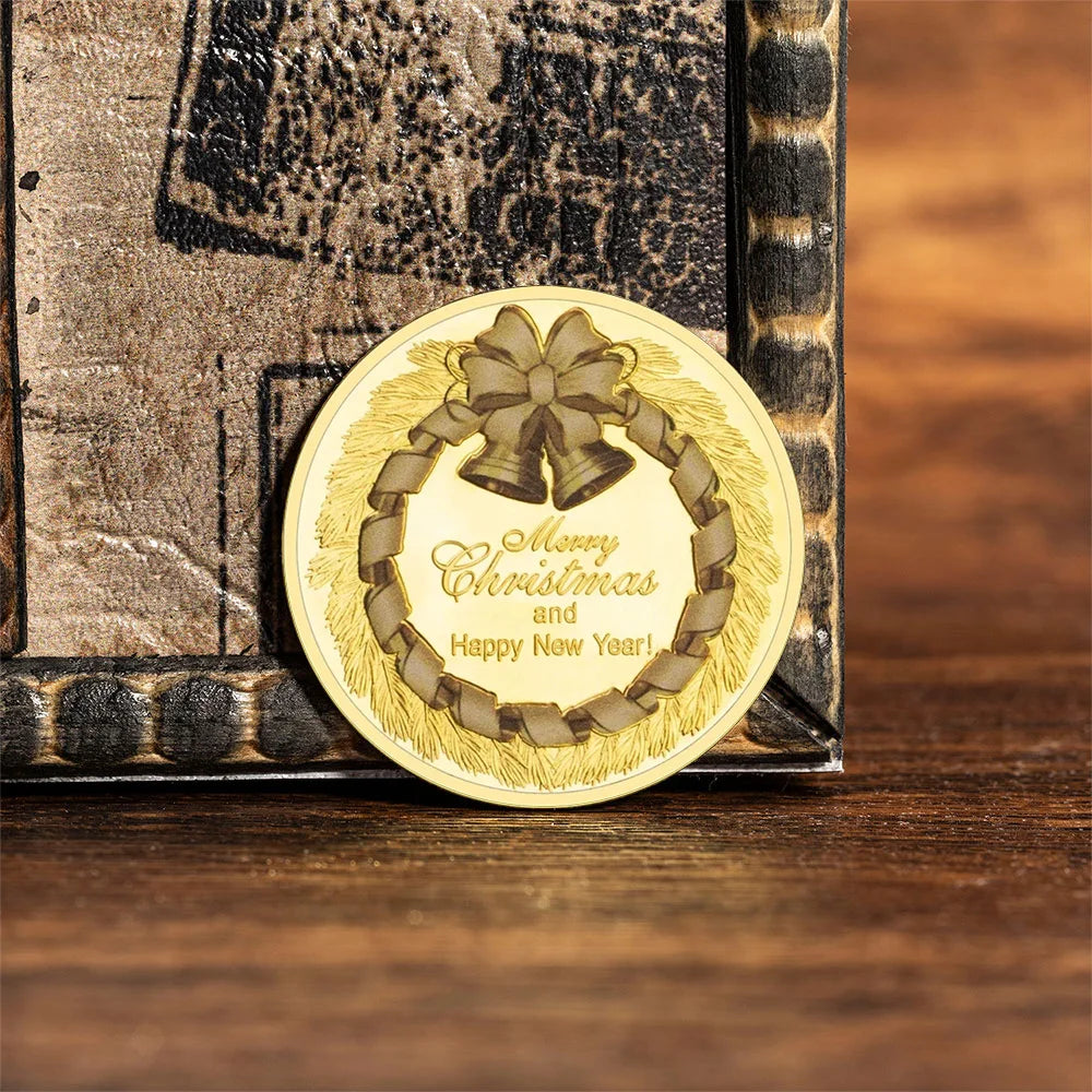 Merry Christmas & Happy New Year Santa Claus Gold Coin – Festive Holiday Souvenir