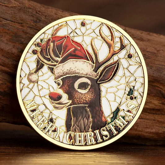 Christmas Red Hat Reindeer Collectible Coin – Festive Holiday Souvenir
