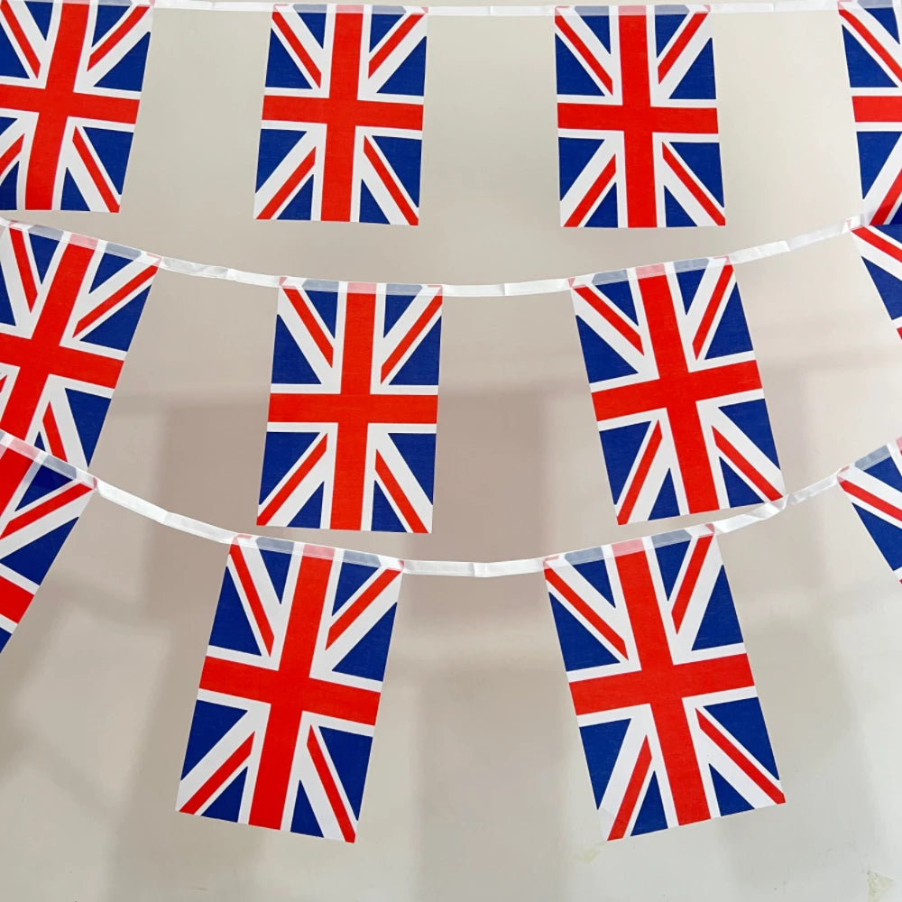 Union Jack Bunting – 20pcs 14×21cm British Flags on Hanging String, Party Decorations